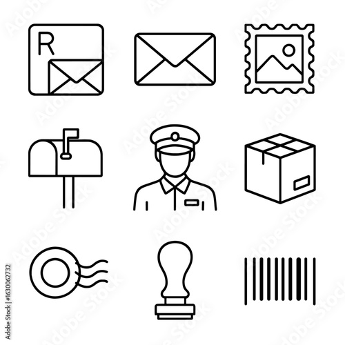 Mail Service Icons. Outline icon set of mail and courier services: registered letter, envelope, stamp, mailbox
