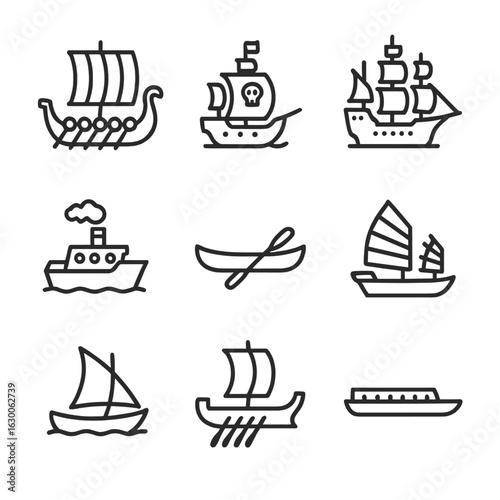 Historic Boats Icons. Outline icon set of historic boats: Viking ship, pirate ship, galleon, steamship, canoe, junk boat, dhow,