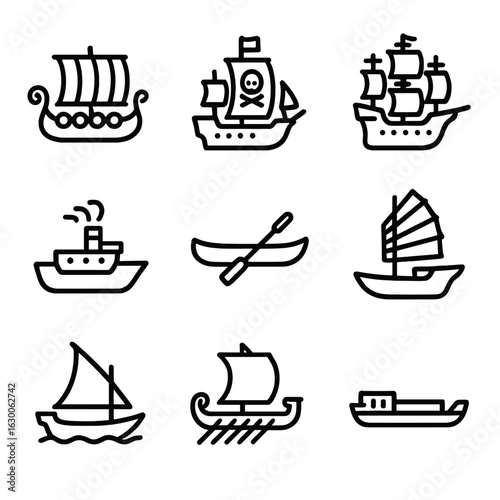 Historic Boats Icons. Outline icon set of historic boats: Viking ship, pirate ship, galleon, steamship, canoe, junk boat, dhow,