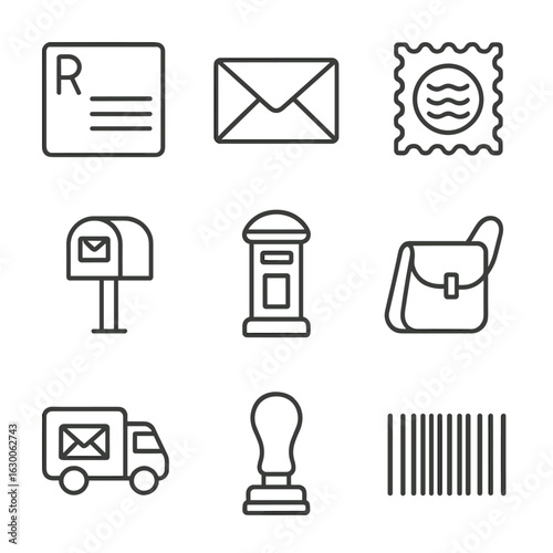Mailing Icons Grid. Outline icon set of mailing essentials: registered letter, envelope, stamp, mailbox,