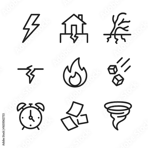 Sudden Disturbance Icons. Outline icon set of sudden disturbance: lightning strike, earthquake, uprooted tree, cracked earth,