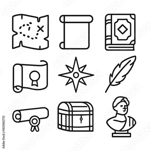 Historic Discoveries Icons. Outline icon set of historic discoveries: old map, scroll, ancient book, artifact, compass rose, quill