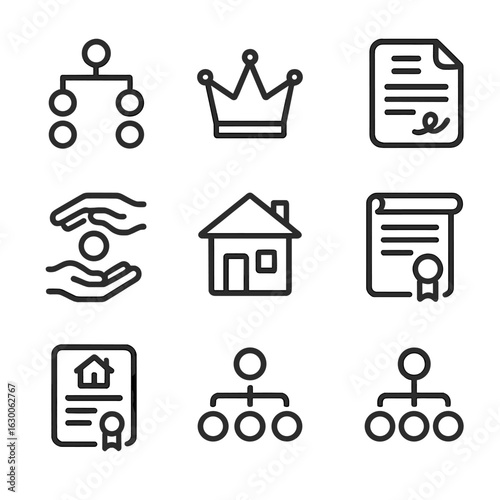 Succession Planning Icons. Outline icon set of succession planning: family tree, crown, will document, heir, generational hands,