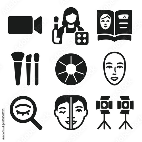 Makeup Tutorial Icons. Solid, filled icons set of makeup tutorial and education: video camera, makeup artist,