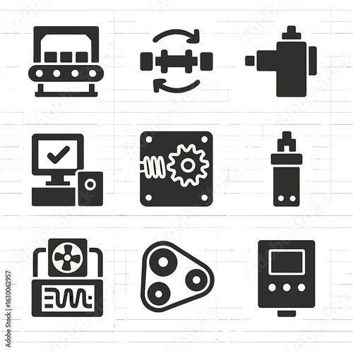 Manufacturing Icons Grid. Solid, filled icons set of manufacturing line components: assembly station plan,