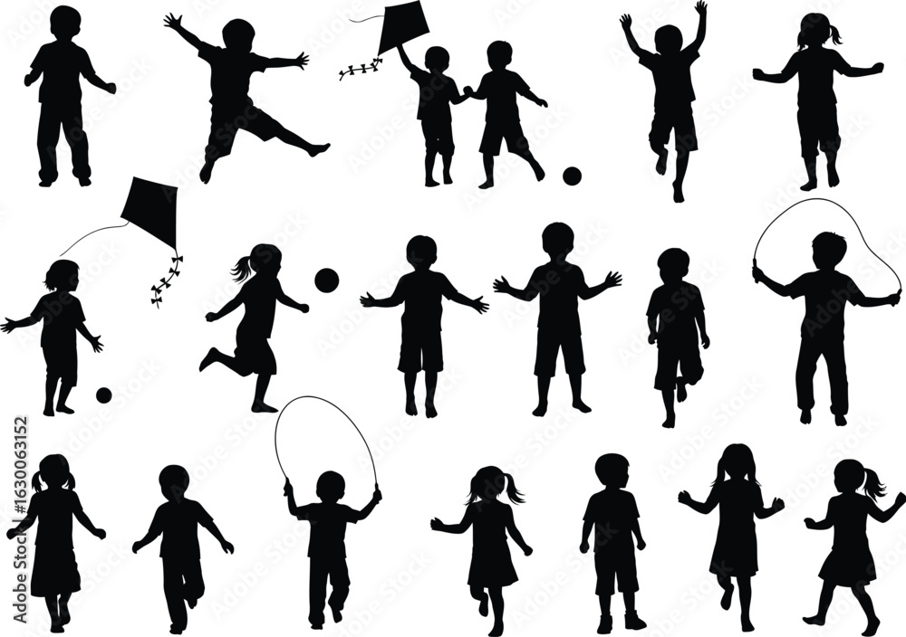 Obraz premium Collection of diverse children silhouettes engaged in various outdoor activities like jumping playing with kites and balls