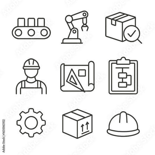Manufacturing Workflow Icons. Outline icon set of manufacturing workflow: assembly line, robotic arm, quality