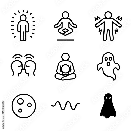 Supernatural Icons Set. Outline icon set of supernatural phenomena: aura, levitation, possession, apparition, telepathy,