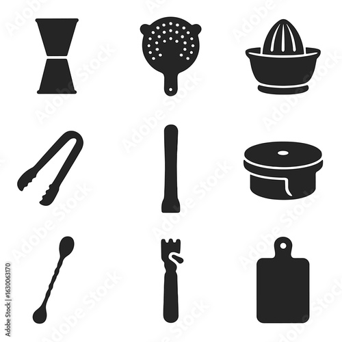 Margarita Mixer Icons. Solid, filled icons set of margarita mixology tools: measuring jigger, cocktail