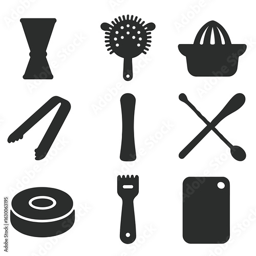Margarita Mixer Icons. Solid, filled icons set of margarita mixology tools: measuring jigger, cocktail