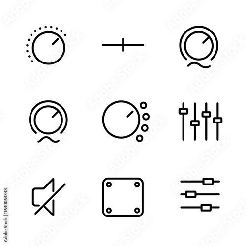 Surround Sound Icon Set. Outline icon set of surround sound audio controls: volume knob, balance control, bass adjustment, treble