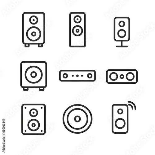Surround Sound Icon Set. Outline icon set of surround sound speakers types: bookshelf speaker, floor-standing speaker, satellite