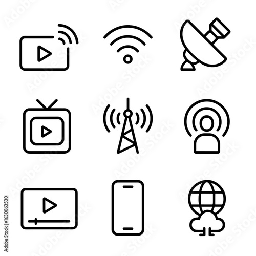 Digital Broadcast Icons. Outline icon set of digital broadcast: streaming, Wi-Fi, satellite, TV app, broadcast signal, podcast,