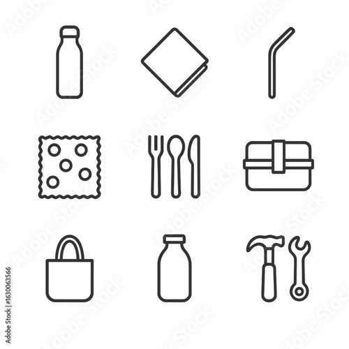 Sustainable Living Icons. Outline icon set of reusable lifestyle: stainless steel bottle, cloth napkin, metal straw, beeswax wrap,