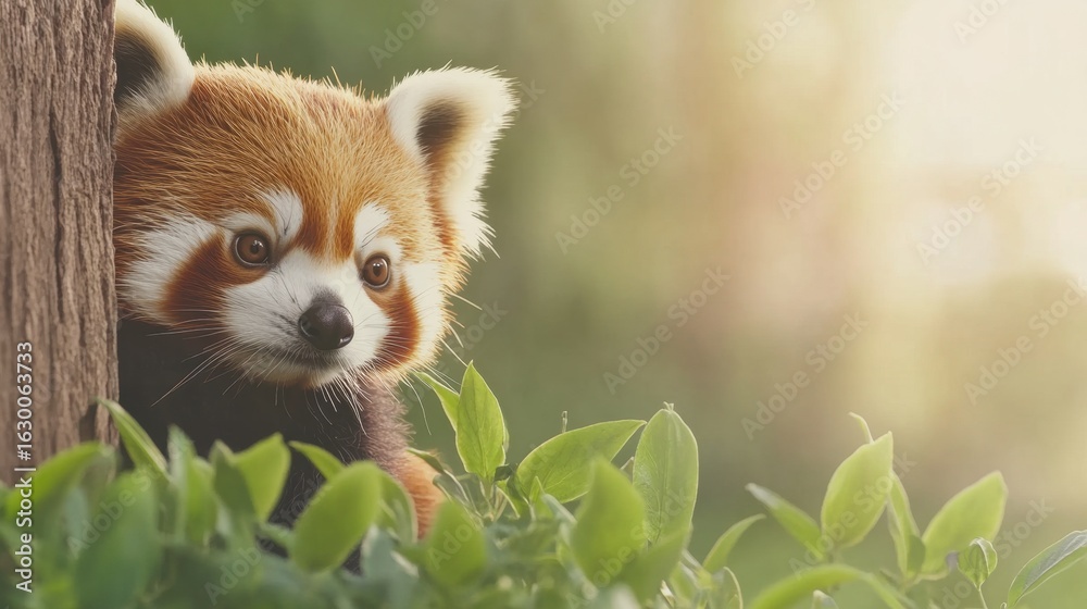 Naklejka premium Red panda curiously peeks from behind a tree in a lush green setting