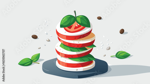 Illustration of a caprese salad with tomato mozzarella and basil on a slate plate top view