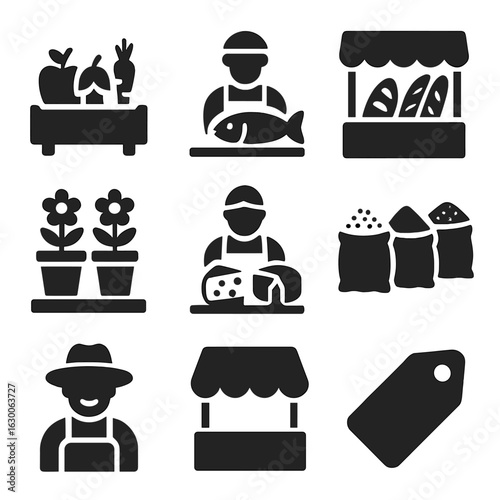 Market Icons Grid. Solid, filled icons set of food market scenes: fresh produce, fishmonger, bread stall,