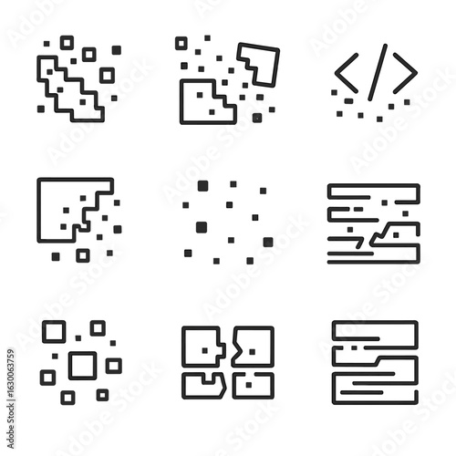 Digital Fragment Icons. Outline icon set of digital fragments: pixel chunks, data shards, broken code, fragmented screen,