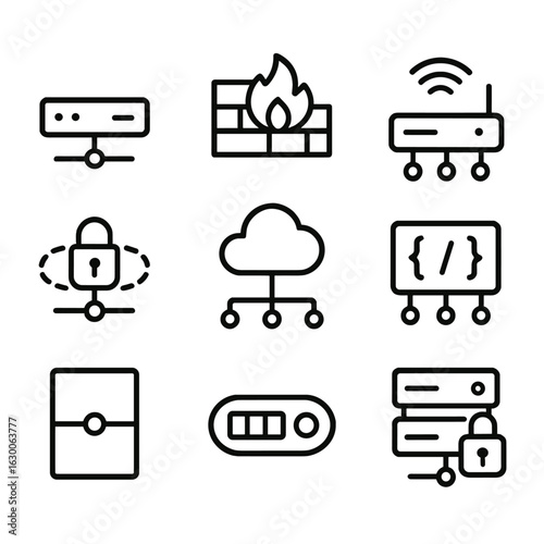 Digital Gateway Icon Set. Outline icon set of digital gateways: network gateway, firewall, router, VPN, cloud gateway, API gateway