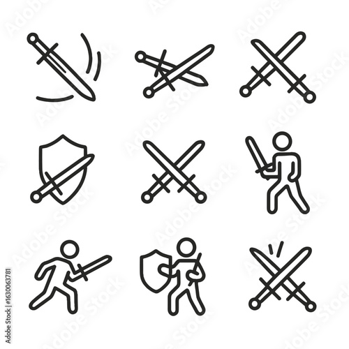 Sword Technique Icons. Outline icon set of sword usage: slash, thrust, parry, block, duel, guard stance, attack, defend, disarm.