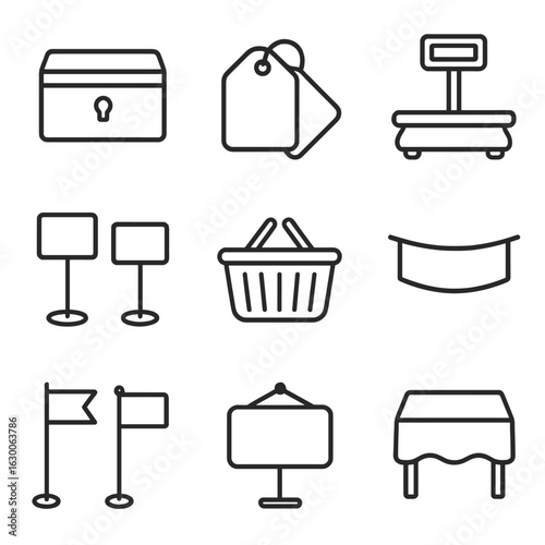 Market Tools Icons. Outline icon set of market tools and accessories: cash box, price tags, scales, display