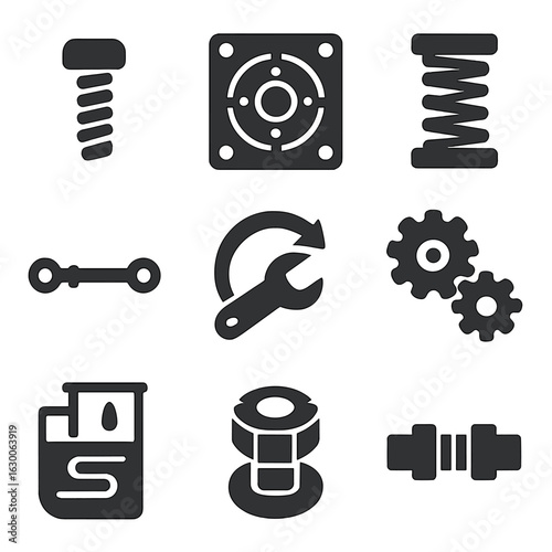 Mechanical Engineering Icons. Solid, filled icons set of mechanical engineering symbols: bolt layout, flange