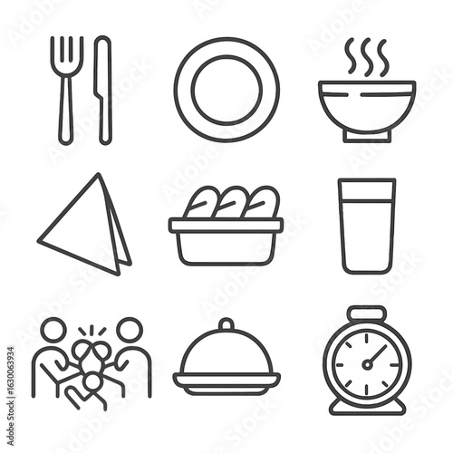 Mealtime Icon Set. Outline icon set of mealtime togetherness: cutlery, dinner plate, soup bowl, napkin, bread