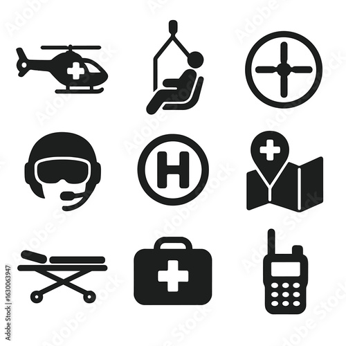 Medevac Service Icons. Solid, filled icons set of helicopter medevac services: air ambulance, patient hoist,
