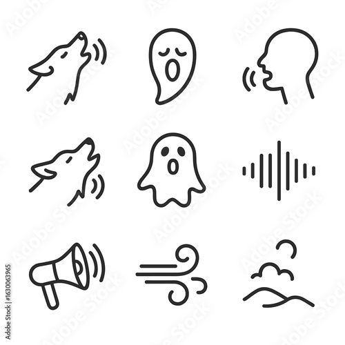 Howling Sound Icons. Outline icon set of howl in sound: loud howl, eerie wail, vocal howl, animal scream, ghostly echo, sound wave
