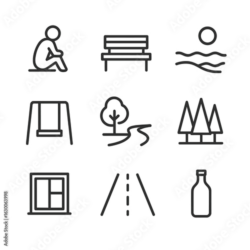 Symbols of Solitude. Outline icon set of solitude and emptiness: lone figure, empty bench, deserted beach, empty swing, empty park