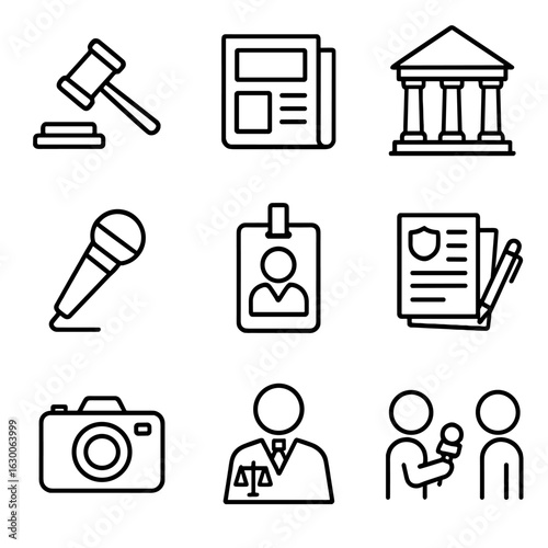 Media and Judiciary Icons. Outline icon set of media and judiciary system: judge’s gavel, newspaper,