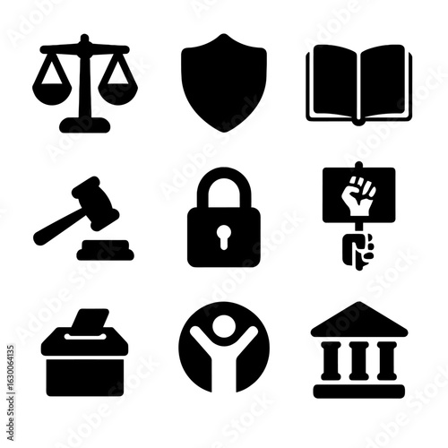 Media Rights Icons Grid. Solid, filled icons set of media rights protection: legal scales, shield, open book,
