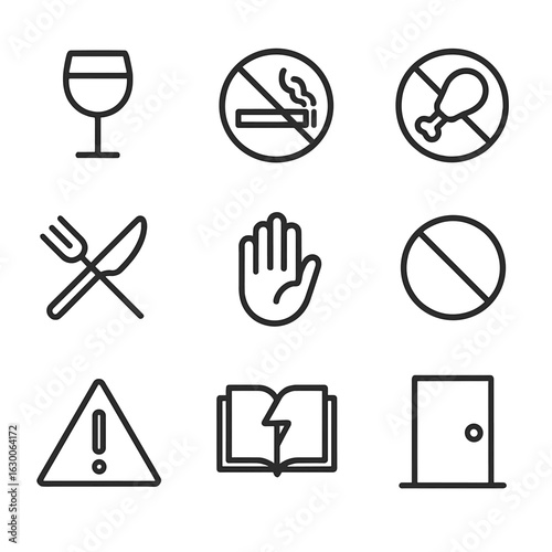 Taboo Icons Collection. Outline icon set of cultural taboo: no alcohol, no smoking, forbidden food, crossed fork and knife, hand