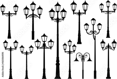 Collection of ornate vintage street lamps and lampposts in silhouette against a white background