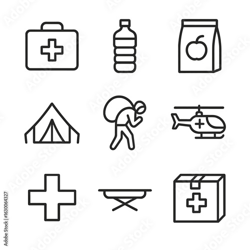 Humanitarian Aid Icons. Outline icon set of conflict zone humanitarian aid: medical kit, water bottle, food package, tent, refugee