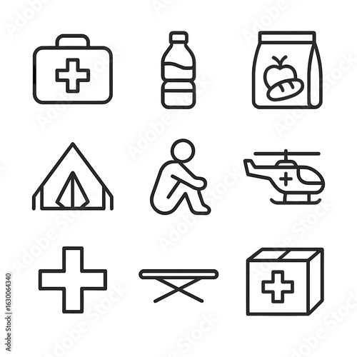 Humanitarian Aid Icons. Outline icon set of conflict zone humanitarian aid: medical kit, water bottle, food package, tent, refugee