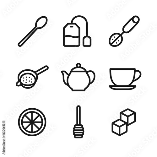 Tea Accessories Icons. Outline icon set of tea accessories: teaspoon, tea bag, tea infuser, tea strainer, teapot, cup, lemon slice