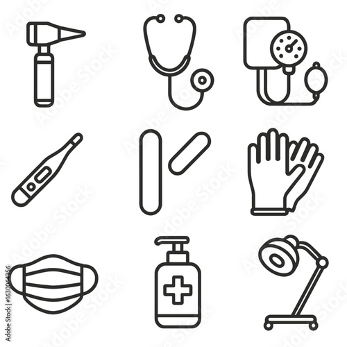 Medical Tools Icons. Outline icon set of medical examination tools: otoscope, stethoscope, sphygmomanometer,