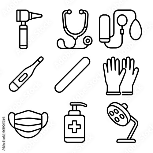 Medical Tools Icons. Outline icon set of medical examination tools: otoscope, stethoscope, sphygmomanometer,