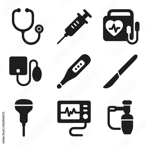 Medical Icons Set. Solid, filled icons set of medical equipment: stethoscope, syringe, defibrillator, blood