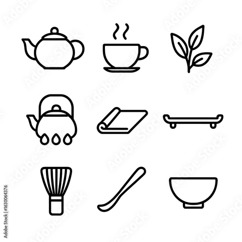 Tea Ritual Icons. Outline icon set of tea rituals: teapot outline, teacup with steam, tea leaves, kettle on flame, tea ceremony