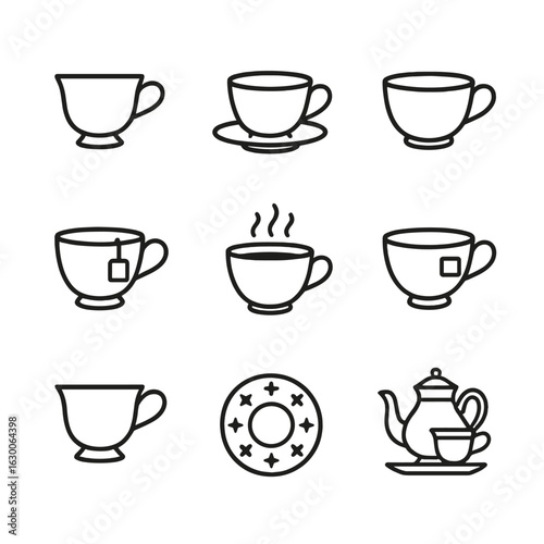 Teacup Icon Collection. Outline icon set of teacup and saucer: classic teacup, teacup on saucer, filled teacup, teabag in teacup,