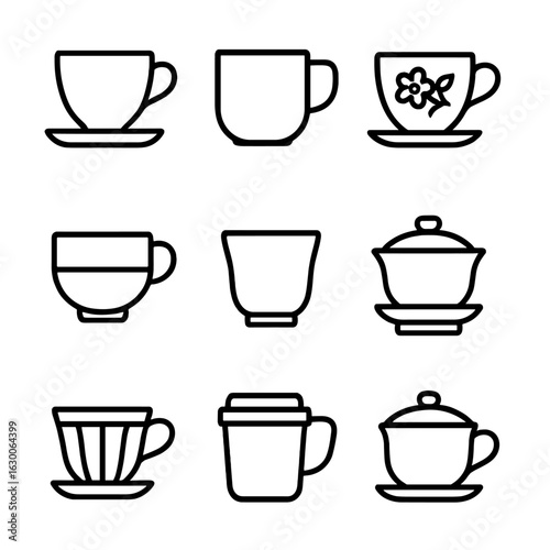 Teacup Icons Collection. Outline icon set of teacup styles: classic teacup, modern teacup, floral teacup, glass teacup, Japanese