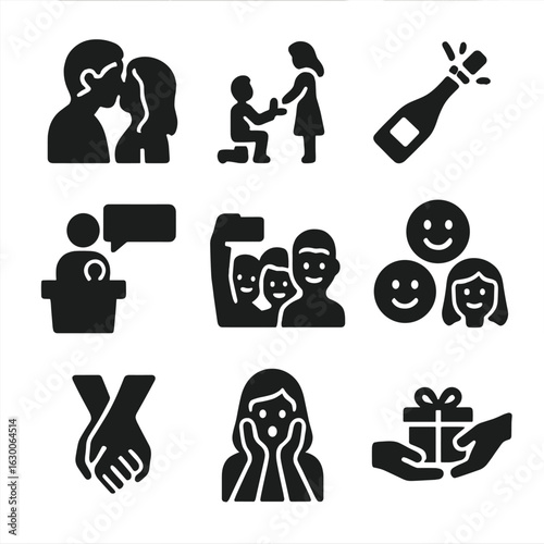 Memorable Moments Icons. Solid, filled icons set of memorable moments: first kiss, dropping to one knee,