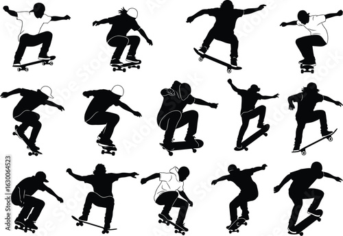 Collection of silhouetted skateboarders in dynamic action poses performing tricks on skateboards