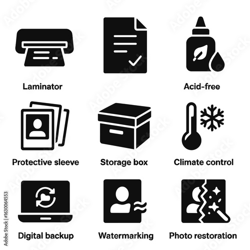 Memory Preservation Icons. Solid, filled icons set of memory preservation techniques: laminator, archival