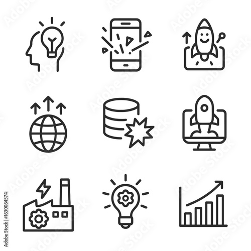 Tech Innovation Icons. Outline icon set of boom in technology: technological breakthrough, gadget release, viral app, rapid