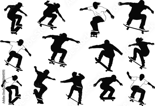 Collection of silhouetted skateboarders performing dynamic tricks and stunts on skateboards in various poses