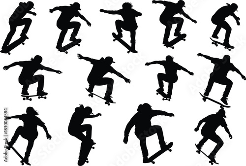 Dynamic silhouettes of skateboarders performing various tricks and stunts on white background