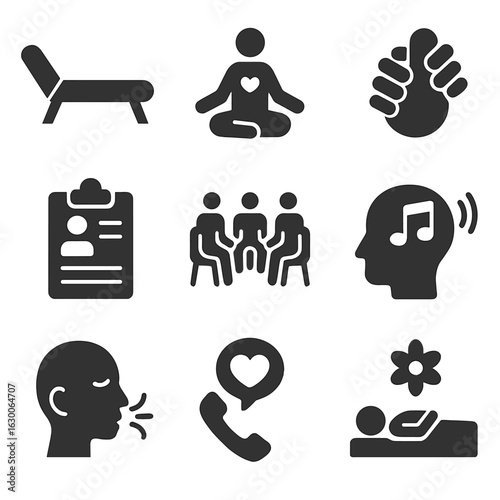 Mental Health Icons. Solid, filled icons set of mental health support in hospital: therapist couch, meditation